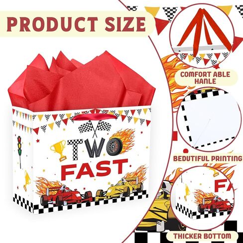 SolarGlory Race Car Gift Bag Set - Two Fast Birthday Decor with Card & Tissue Paper, Large 13" Red/White Racing Themed Gift Bags for 2 Year Old Boys Girls, 2nd Birthday Party Favors & Decorations in Saudi Arabia