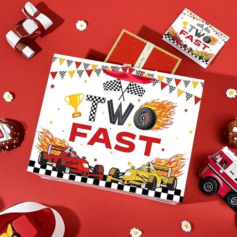 SolarGlory Race Car Gift Bag Set - Two Fast Birthday Decor with Card & Tissue Paper, Large 13" Red/White Racing Themed Gift Bags for 2 Year Old Boys Girls, 2nd Birthday Party Favors & Decorations in Saudi Arabia