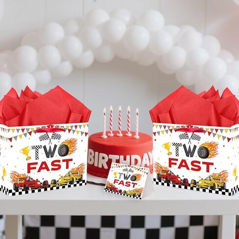 SolarGlory Race Car Gift Bag Set - Two Fast Birthday Decor with Card & Tissue Paper, Large 13" Red/White Racing Themed Gift Bags for 2 Year Old Boys Girls, 2nd Birthday Party Favors & Decorations in Saudi Arabia