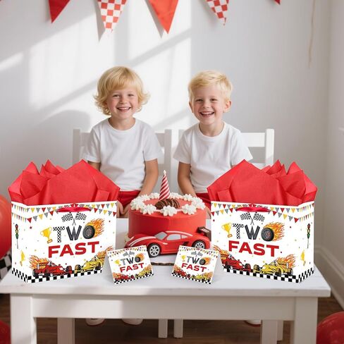 SolarGlory Race Car Gift Bag Set - Two Fast Birthday Decor with Card & Tissue Paper, Large 13" Red/White Racing Themed Gift Bags for 2 Year Old Boys Girls, 2nd Birthday Party Favors & Decorations in Saudi Arabia