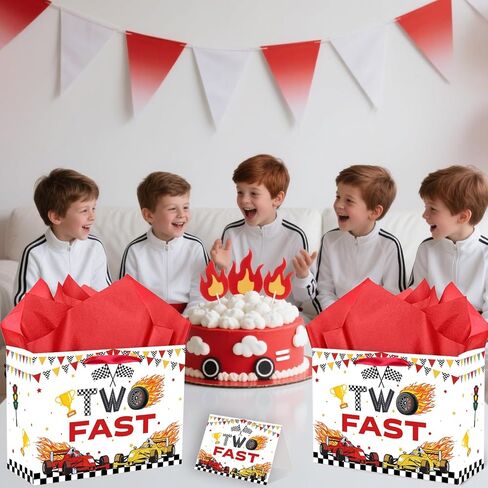 SolarGlory Race Car Gift Bag Set - Two Fast Birthday Decor with Card & Tissue Paper, Large 13" Red/White Racing Themed Gift Bags for 2 Year Old Boys Girls, 2nd Birthday Party Favors & Decorations in Saudi Arabia