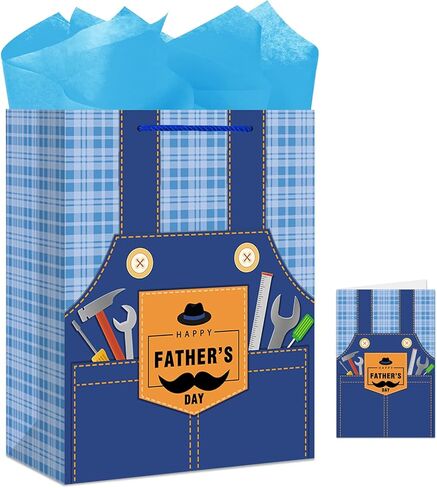 JUESMOS 13" Large Father's Day Gift Bag with Greeting Card Happy Fathers Day Paper Gifts Bag Blue Jeans Paper Bags with Tissue Papers for Men Dad Father Grandpa Party Favor Supplie in Kuwait