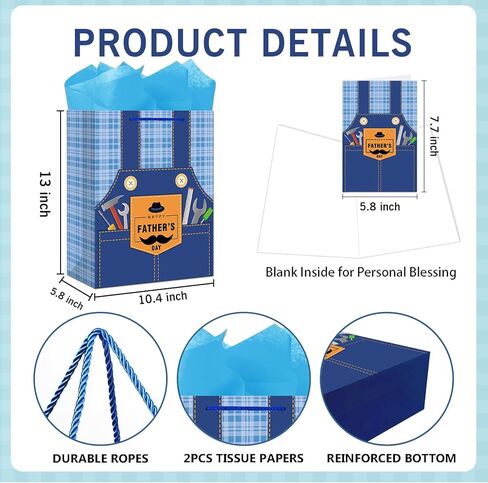 JUESMOS 13" Large Father's Day Gift Bag with Greeting Card Happy Fathers Day Paper Gifts Bag Blue Jeans Paper Bags with Tissue Papers for Men Dad Father Grandpa Party Favor Supplie in Kuwait