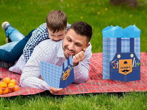 JUESMOS 13" Large Father's Day Gift Bag with Greeting Card Happy Fathers Day Paper Gifts Bag Blue Jeans Paper Bags with Tissue Papers for Men Dad Father Grandpa Party Favor Supplie in Kuwait