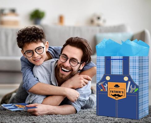 JUESMOS 13" Large Father's Day Gift Bag with Greeting Card Happy Fathers Day Paper Gifts Bag Blue Jeans Paper Bags with Tissue Papers for Men Dad Father Grandpa Party Favor Supplie in Kuwait