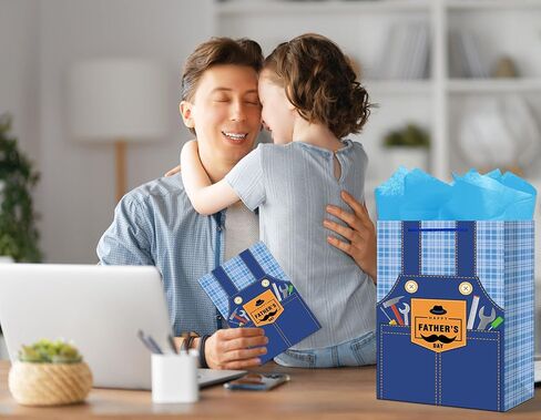 JUESMOS 13" Large Father's Day Gift Bag with Greeting Card Happy Fathers Day Paper Gifts Bag Blue Jeans Paper Bags with Tissue Papers for Men Dad Father Grandpa Party Favor Supplie in Kuwait