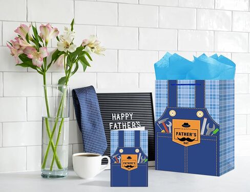 JUESMOS 13" Large Father's Day Gift Bag with Greeting Card Happy Fathers Day Paper Gifts Bag Blue Jeans Paper Bags with Tissue Papers for Men Dad Father Grandpa Party Favor Supplie in Kuwait