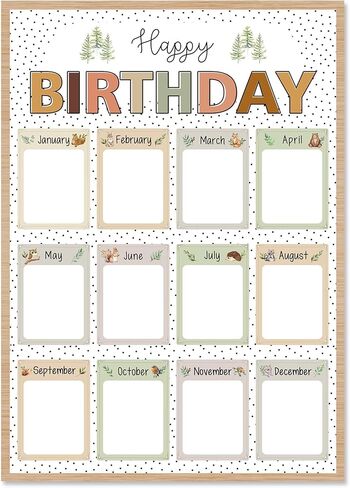 BDDYYI Boho Happy Birthday Chart for Classroom Reusable Birthday Poster Calendar Woodland Animal Birthday Poster Educational Charts & Posters Back To School Teacher Supplies & Decor in Saudi Arabia