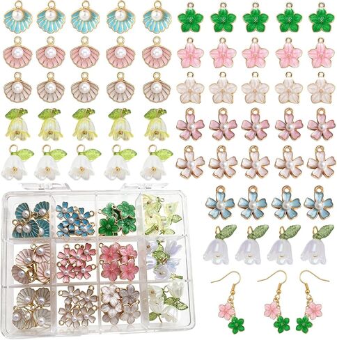 Flower Charms for Jewelry Making - 12 Styles Enamel Flower Charms and Shell Pendants with Pearls, Floral Jewelry Making Supplies for DIY Earrings, Bracelets, Necklace, 12-Compartment Box Set in Saudi Arabia