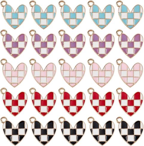 SUNNYCLUE 1 Box 30Pcs 5 Colors Enamel Heart Charms Checkered Charm Metal Red Purple Black Blue Pink Love Hearts Charm for Jewelry Making Charms Valentine's Day DIY Keychain Bracelet Earrings Necklace in Kuwait