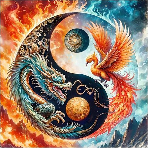 مجموعات الفن الماسي Domnpes Dragon and Phoenix للبالغين، مجموعات طلاء الماس 5D للمبتدئين، DIY 5D مستديرة كاملة الحفر الخرزة لديكور الحائط المنزلي هدية 11.8 × 11.8 بوصة in Kuwait