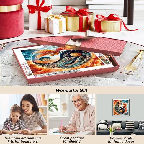 مجموعات الفن الماسي Domnpes Dragon and Phoenix للبالغين، مجموعات طلاء الماس 5D للمبتدئين، DIY 5D مستديرة كاملة الحفر الخرزة لديكور الحائط المنزلي هدية 11.8 × 11.8 بوصة in Kuwait