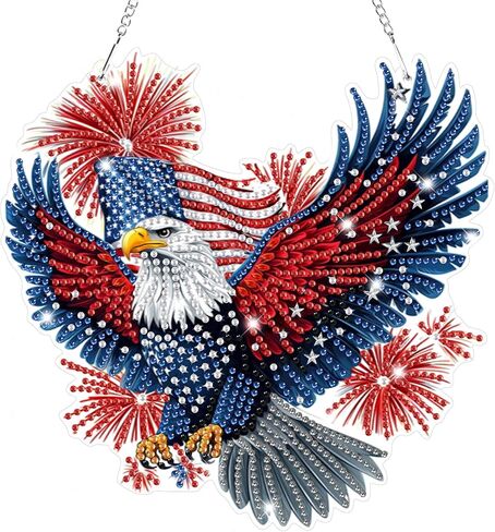 Bowetile Independence Day Bald Eagle 5D Diamond Art Hanging Kits for Adults, 4th of July Diamond Painting Window Pendant Kits, Special Shape Gem Art Suncatchers Ornament for Home Garden Wall Decor in Kuwait