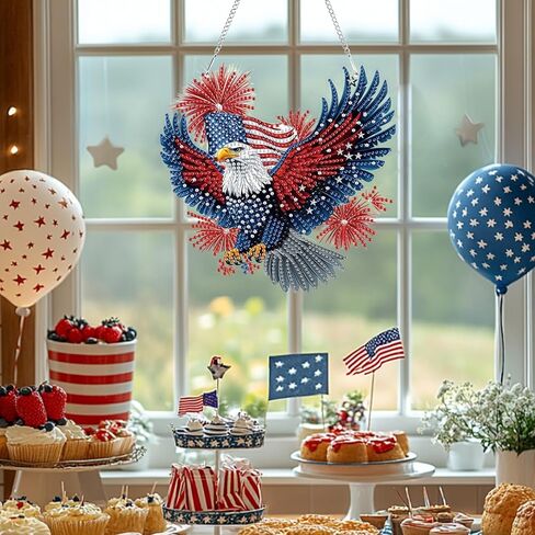 Bowetile Independence Day Bald Eagle 5D Diamond Art Hanging Kits for Adults, 4th of July Diamond Painting Window Pendant Kits, Special Shape Gem Art Suncatchers Ornament for Home Garden Wall Decor in Kuwait