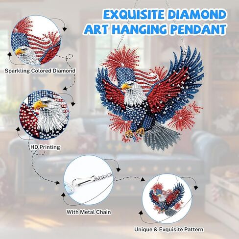 Bowetile Independence Day Bald Eagle 5D Diamond Art Hanging Kits for Adults, 4th of July Diamond Painting Window Pendant Kits, Special Shape Gem Art Suncatchers Ornament for Home Garden Wall Decor in Kuwait