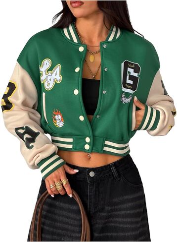 Milumia Women's Letter Print Button Down Varsity Jacket Baseball Collar Neck Crop Jackets Streetwear in Saudi Arabia