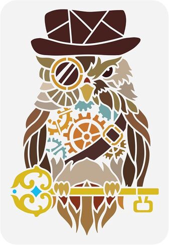 FINGERINSPIRE Steampunk Owl Stencil 8.3x11.7inch استنسل اللوحة القابلة لإعادة الاستخدام البومة مع قبعة مفتاح الزجاج الحيوان موضوع الاستنسل الجوف خارج الاستنسل اللوحة القابلة لإعادة الاستخدام الاستنسل لمشروع العمل اليدوي DIY in Kuwait