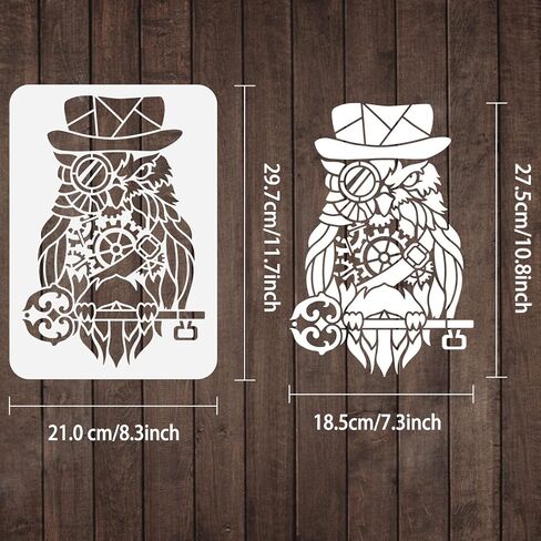 FINGERINSPIRE Steampunk Owl Stencil 8.3x11.7inch استنسل اللوحة القابلة لإعادة الاستخدام البومة مع قبعة مفتاح الزجاج الحيوان موضوع الاستنسل الجوف خارج الاستنسل اللوحة القابلة لإعادة الاستخدام الاستنسل لمشروع العمل اليدوي DIY in Kuwait