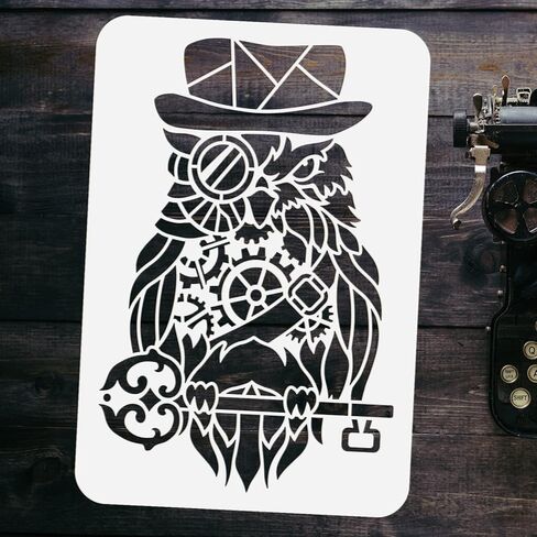 FINGERINSPIRE Steampunk Owl Stencil 8.3x11.7inch استنسل اللوحة القابلة لإعادة الاستخدام البومة مع قبعة مفتاح الزجاج الحيوان موضوع الاستنسل الجوف خارج الاستنسل اللوحة القابلة لإعادة الاستخدام الاستنسل لمشروع العمل اليدوي DIY in Kuwait