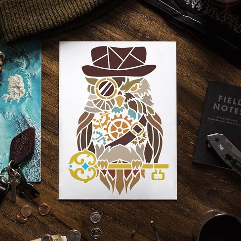 FINGERINSPIRE Steampunk Owl Stencil 8.3x11.7inch استنسل اللوحة القابلة لإعادة الاستخدام البومة مع قبعة مفتاح الزجاج الحيوان موضوع الاستنسل الجوف خارج الاستنسل اللوحة القابلة لإعادة الاستخدام الاستنسل لمشروع العمل اليدوي DIY in Kuwait