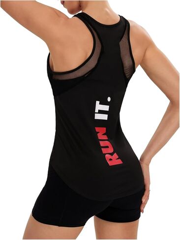 OYOANGLE Women's Letter Graphic Racerback Tank Top Yoga Shirts Sleeveelss Athletic Running Sports Tops in Saudi Arabia