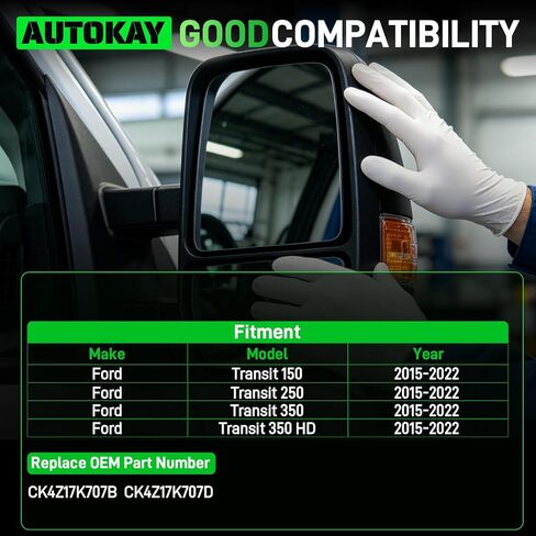 مرآة جانبية للركاب الأيمن من AUTOKAY زجاج مرآة علوية مع تركيبات ساخنة لسيارة Ford Transit 150 250 350 350 HD 2015-2022، مرآة محدبة للرؤية الخلفية الخارجية تحل محل CK4Z17K707B CK4Z17K707D in Kuwait