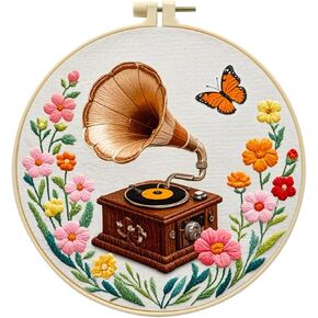 Zhenqing Vintage Gramophone Embroidery Kit for Beginners - Complete Set with Pre-Printed 29x29cm Cotton Fabric, Hoop, Threads & Tools(C0116) in Saudi Arabia