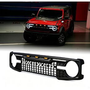 Front Grille for 2021 2022 2023 2024 2025+ Ford Bronco 2/4 Door Retrofit Front Bumper Grille Accessory with Three Amber LED Lights, Matte Black(Quantum Matrix Style) in Saudi Arabia