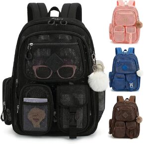 Mesh Backpack Heavy Duty, Semi-Transparent Bag for Women Girls Boys Adults, Large Capacity Bookbag with Padded Straps for School Beach Swimming Sports Travel Work-Black in Saudi Arabia
