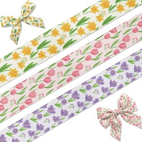 Spring Floral Grosgrain Ribbon Set, 7/8 Inch x 15 Yards, Tulip Daffodil Crocus Patterns for DIY Hair Bows, Easter Crafts, Mother's Day Gift Wrapping in Saudi Arabia