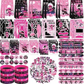 122PCS Girl Ninja Party Favors Set, 50 Stickers, 12 Assemble Stickers, 12 Button Badges, 12 Mini Notepads, 12 Slap Bracelets, 12 Rubber Bracelets, 12 Goodie Bags for Ninja Master Princess Baby Shower in Saudi Arabia