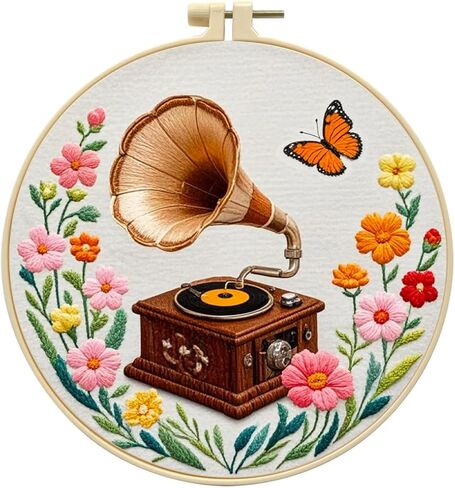 Zhenqing Vintage Gramophone Embroidery Kit for Beginners - Complete Set with Pre-Printed 29x29cm Cotton Fabric, Hoop, Threads & Tools(C0116) in Saudi Arabia