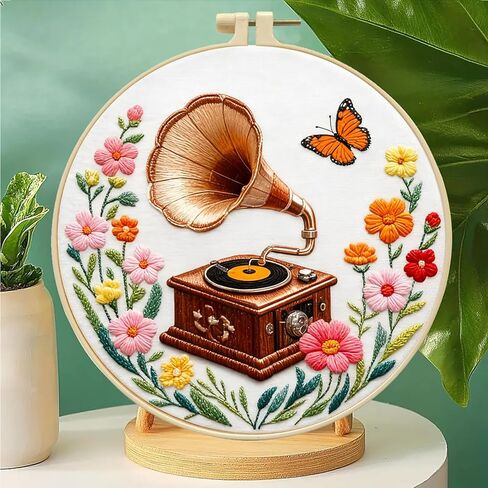 Zhenqing Vintage Gramophone Embroidery Kit for Beginners - Complete Set with Pre-Printed 29x29cm Cotton Fabric, Hoop, Threads & Tools(C0116) in Saudi Arabia