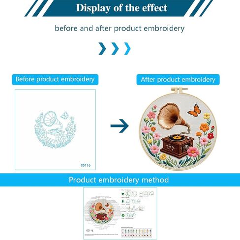 Zhenqing Vintage Gramophone Embroidery Kit for Beginners - Complete Set with Pre-Printed 29x29cm Cotton Fabric, Hoop, Threads & Tools(C0116) in Saudi Arabia