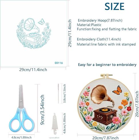 Zhenqing Vintage Gramophone Embroidery Kit for Beginners - Complete Set with Pre-Printed 29x29cm Cotton Fabric, Hoop, Threads & Tools(C0116) in Saudi Arabia