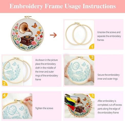 Zhenqing Vintage Gramophone Embroidery Kit for Beginners - Complete Set with Pre-Printed 29x29cm Cotton Fabric, Hoop, Threads & Tools(C0116) in Saudi Arabia