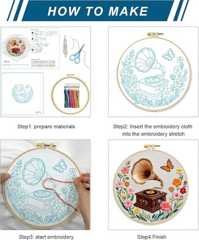 Zhenqing Vintage Gramophone Embroidery Kit for Beginners - Complete Set with Pre-Printed 29x29cm Cotton Fabric, Hoop, Threads & Tools(C0116) in Saudi Arabia