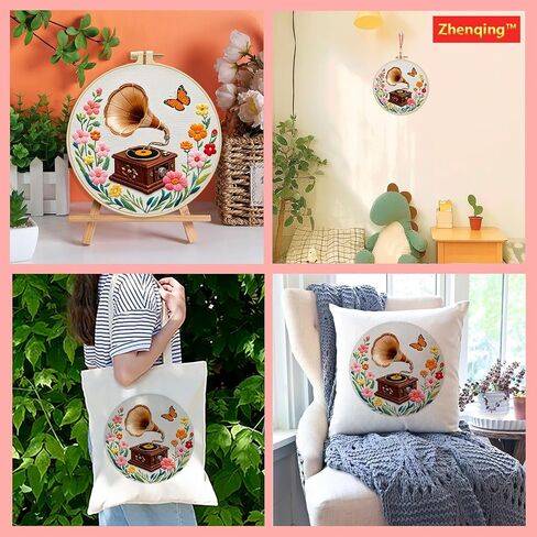 Zhenqing Vintage Gramophone Embroidery Kit for Beginners - Complete Set with Pre-Printed 29x29cm Cotton Fabric, Hoop, Threads & Tools(C0116) in Saudi Arabia