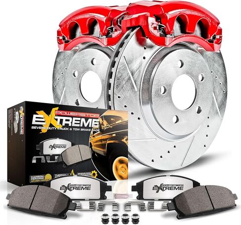 طقم الفرامل الأمامية والفرجار PowerStop لسيارة Dodge Dakota 2003-04 - دوارات قرصية محفورة ومشقوقة + وسادات فرامل Z36 + الفرجار المطلي بمسحوق أحمر، KC2187-36 in Kuwait