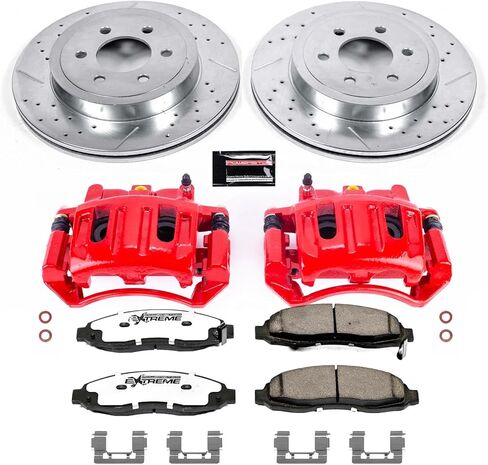 طقم الفرامل الأمامية والفرجار PowerStop لسيارة Dodge Dakota 2003-04 - دوارات قرصية محفورة ومشقوقة + وسادات فرامل Z36 + الفرجار المطلي بمسحوق أحمر، KC2187-36 in Kuwait