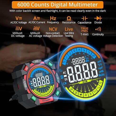 Neoteck 6000 التهم TRMS المتعدد القابلة لإعادة الشحن التلقائي تتراوح فولت متر لجهد التيار المتردد/تيار مستمر واختبار عداد كهربائي الحالي مع شاشة ملونة لNCV ديود استمرارية مقاومة درجة حرارة السعة in Kuwait
