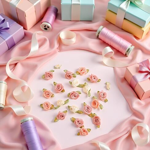 100 قطعة 15 ملم متعددة الألوان زهور الورد الصغيرة شريط الساتان يزين DIY الخياطة الحرفية اكسسوارات الزفاف العروس هدية الديكور، أشرطة النسيج، أشرطة in Kuwait