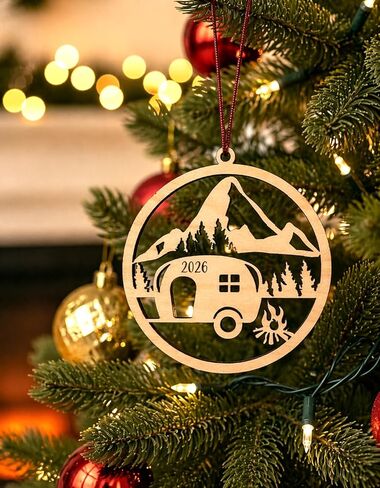 Camper Christmas Ornament - 2024 Camping Ornament - Maple Christmas Tree Ornament with Camper, Mountains, and Campfire (2024) in Saudi Arabia