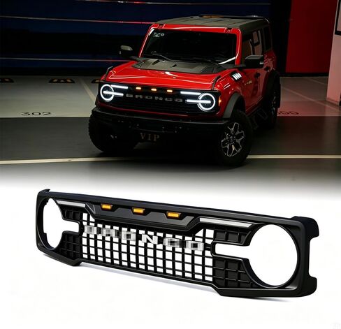 Front Grille for 2021 2022 2023 2024 2025+ Ford Bronco 2/4 Door Retrofit Front Bumper Grille Accessory with Three Amber LED Lights, Matte Black(Quantum Matrix Style) in Saudi Arabia