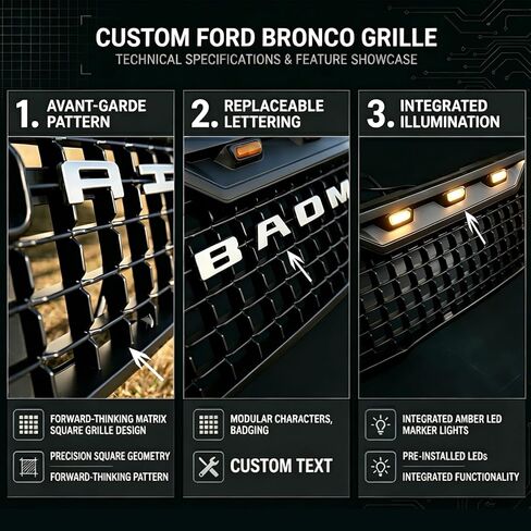 Front Grille for 2021 2022 2023 2024 2025+ Ford Bronco 2/4 Door Retrofit Front Bumper Grille Accessory with Three Amber LED Lights, Matte Black(Quantum Matrix Style) in Saudi Arabia