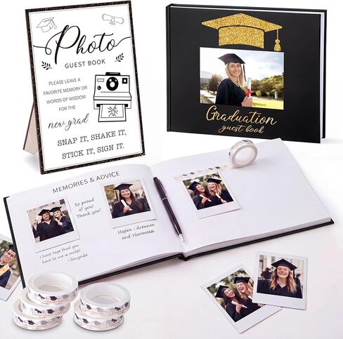 2025 Graduation Guest Book Set with Graduation Photo Guest Book Sign with Stand Graduation Guest Book Graduation Washi Tape Signature Pen for Graduation Party Supplies Favors Gifts in Kuwait
