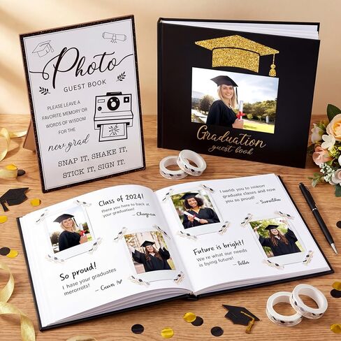 2025 Graduation Guest Book Set with Graduation Photo Guest Book Sign with Stand Graduation Guest Book Graduation Washi Tape Signature Pen for Graduation Party Supplies Favors Gifts in Kuwait