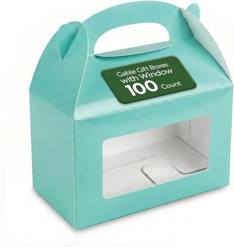 صناديق الجملون مقاس 6 × 3.5 × 3.5 بوصة من Bio Tek لمفضلات الحفلات، 100 صندوق هدايا جذاب - نافذة شفافة للحيوانات الأليفة، مع مقبض مدمج، صناديق الحظيرة الورقية الفيروزية، يمكن التخلص منها، in Kuwait