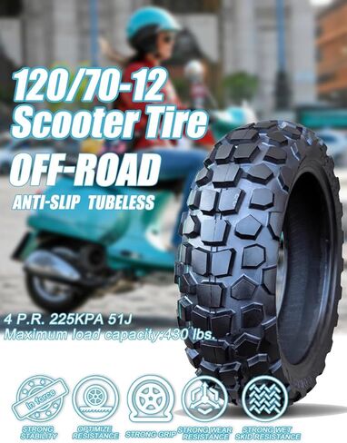 120/70-12 Tire for Scooter/Moped Front Rear for Daily Commuting on Various Roads 4 P.R 225 kPa MAX Load 430 LBS 59J 120/70/12 Tubeless Anti-Slip Tyre, Wear-Resistant Knobby Tire in Saudi Arabia