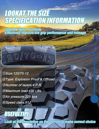 120/70-12 Tire for Scooter/Moped Front Rear for Daily Commuting on Various Roads 4 P.R 225 kPa MAX Load 430 LBS 59J 120/70/12 Tubeless Anti-Slip Tyre, Wear-Resistant Knobby Tire in Saudi Arabia